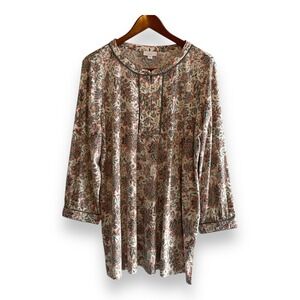 J. Jill Women Large Paisley Floral Tunic Top Cotton Tencel Modal Split Neck Teal